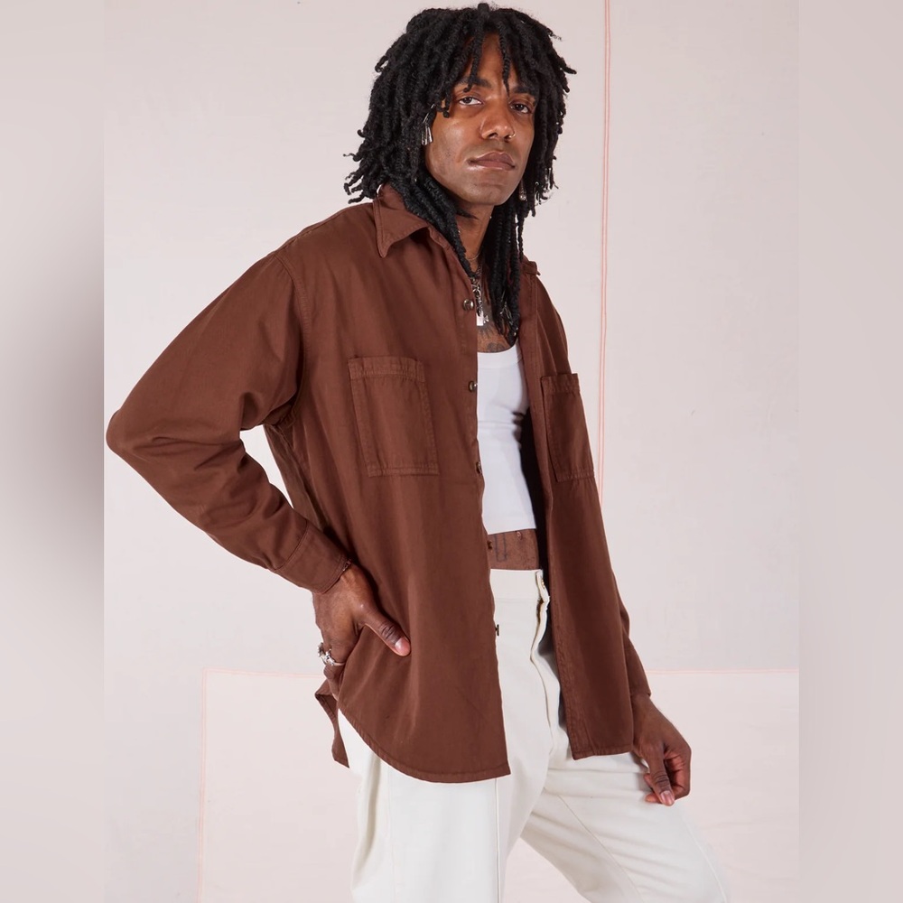 big bud press espresso twill overshirt - dark brown long sleeve cotton M euc